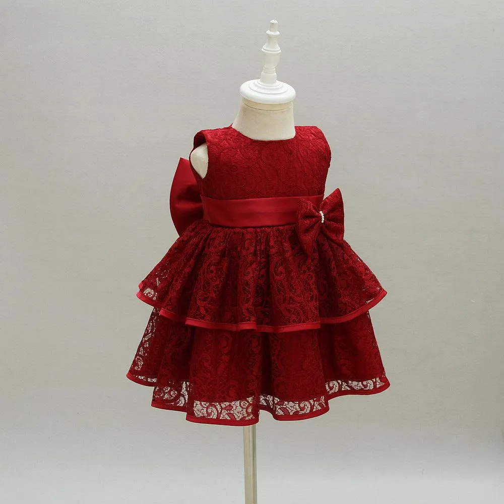 Girl's Gorgeous Red Bow Christmas Banquet Evening Dress Fashionable and Playful Lace Birthday Party Girl Princess Dress