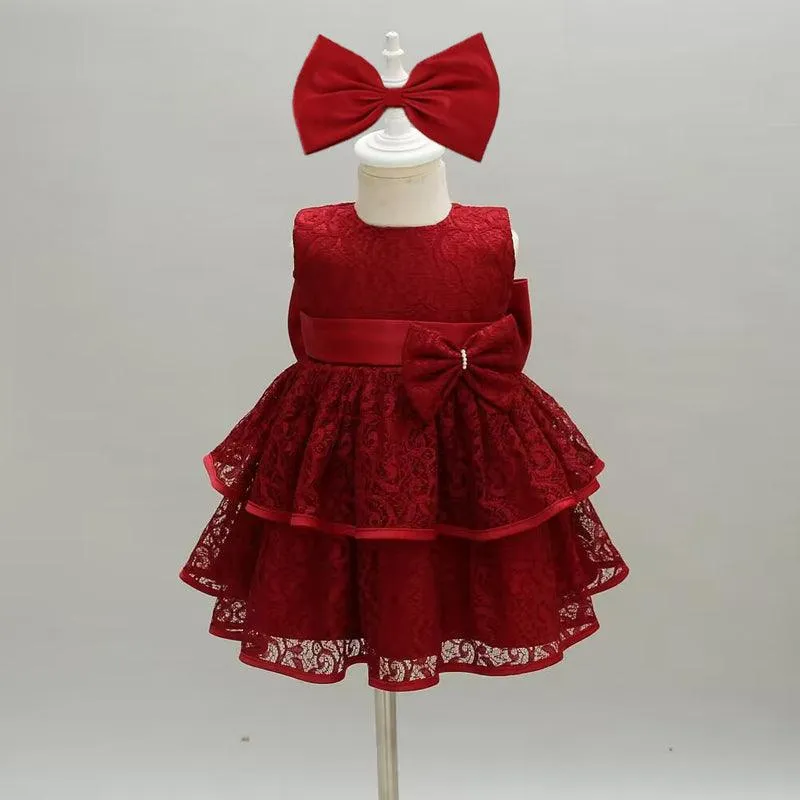 Girl's Gorgeous Red Bow Christmas Banquet Evening Dress Fashionable and Playful Lace Birthday Party Girl Princess Dress