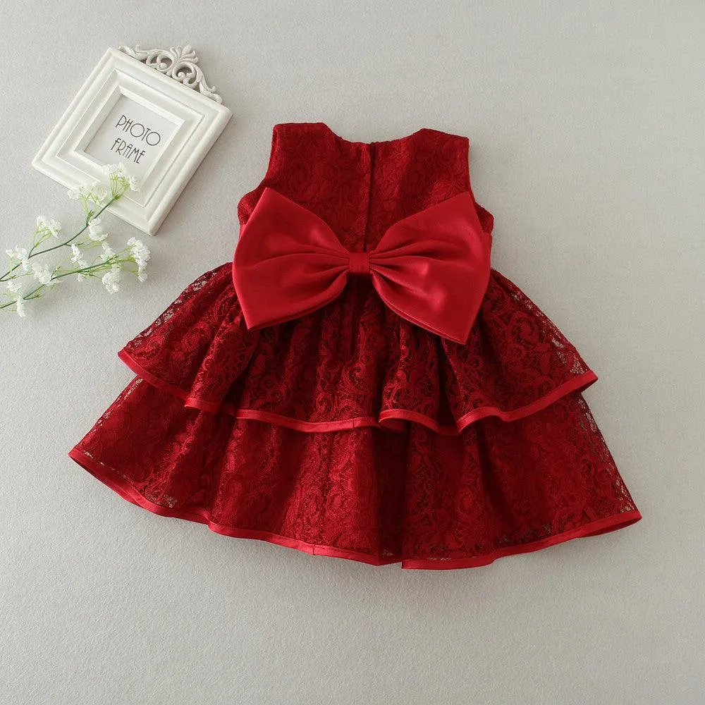 Girl's Gorgeous Red Bow Christmas Banquet Evening Dress Fashionable and Playful Lace Birthday Party Girl Princess Dress