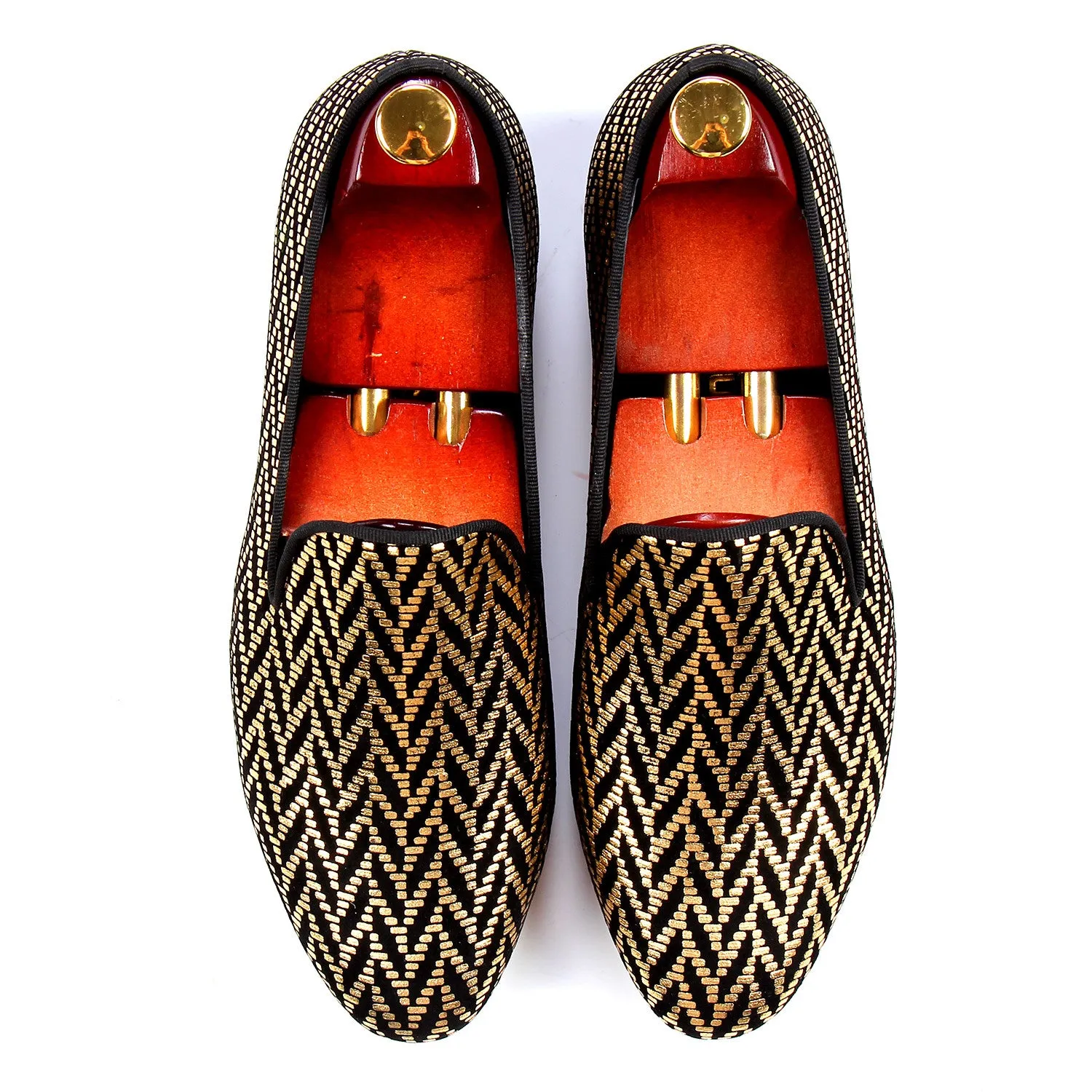 Gold Glitter Printed Men Flat Loafers Shoes