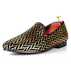 Gold Glitter Printed Men Flat Loafers Shoes