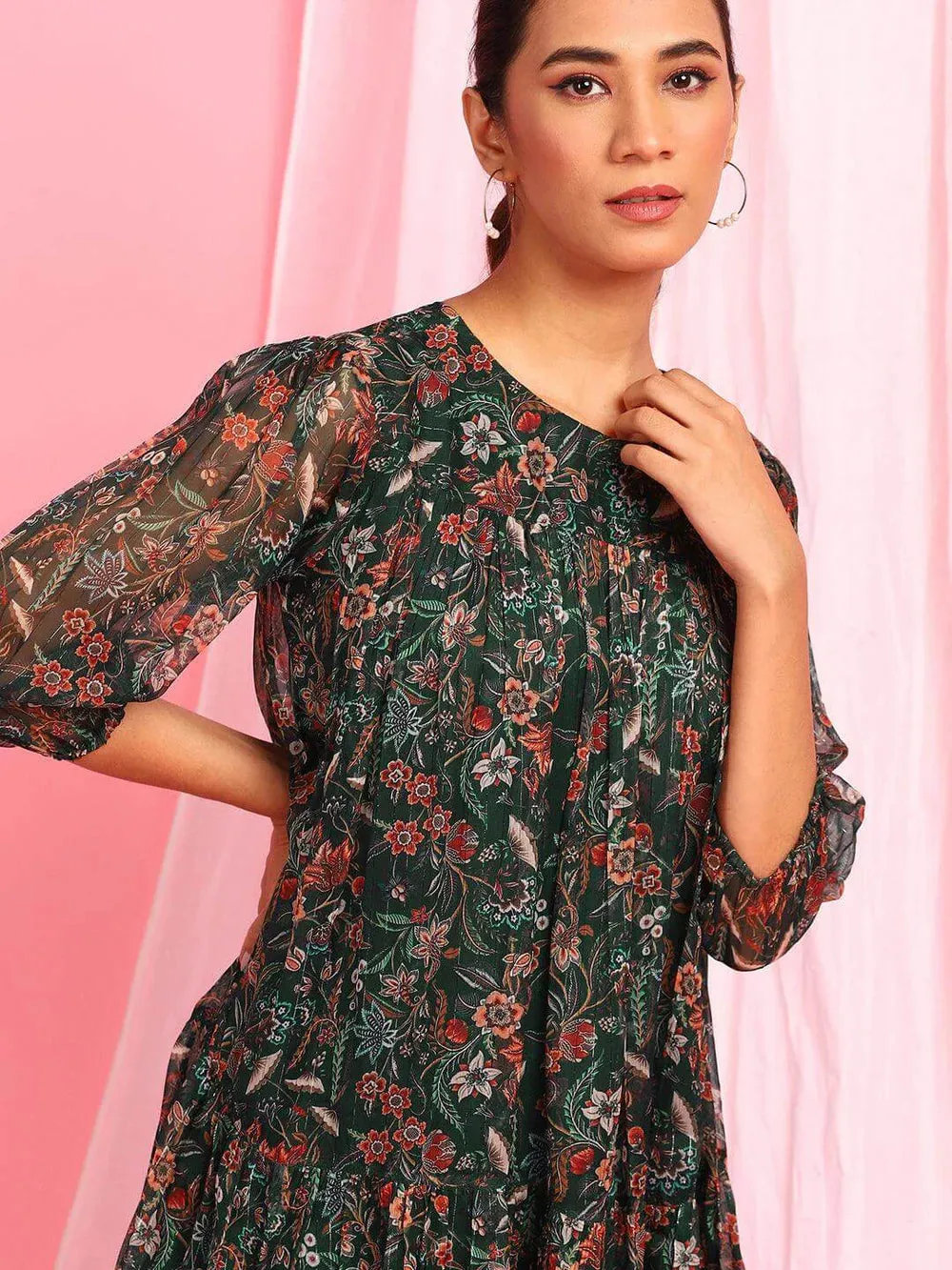 Green Georgette Floral Flared Western Dress