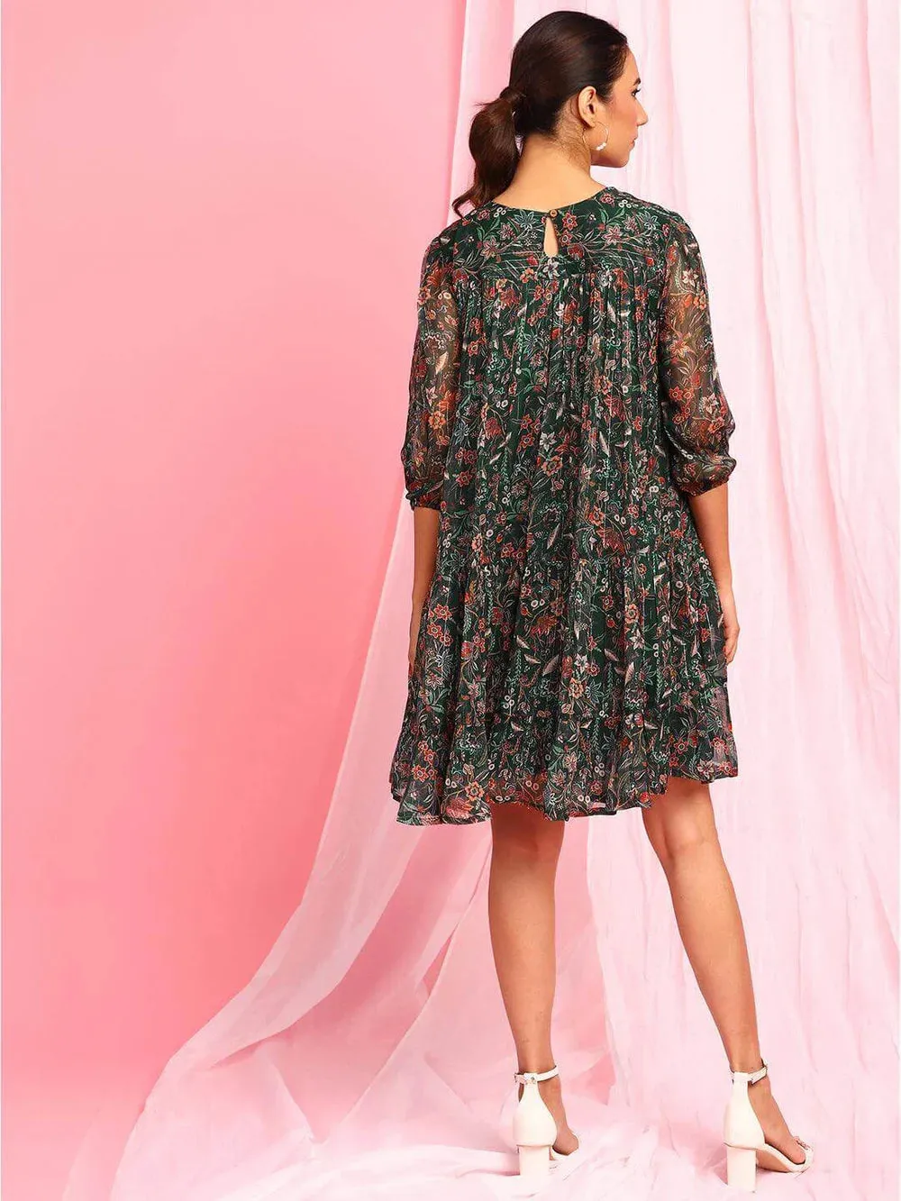 Green Georgette Floral Flared Western Dress