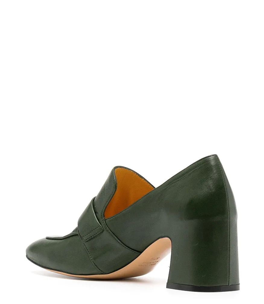 Green Leather Lock Heel Loafer