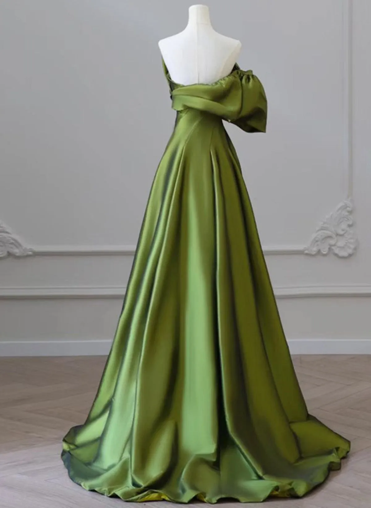 Green Satin Long One Shoulder Party Dress, Green A-line Satin Prom Dress