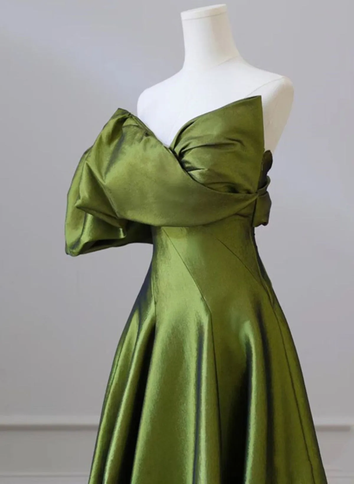 Green Satin Long One Shoulder Party Dress, Green A-line Satin Prom Dress