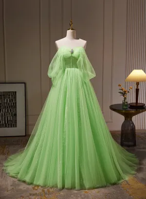 Green Tulle with Beadings Sweetheart Floor Length Party Dress, Green Long Formal Dress