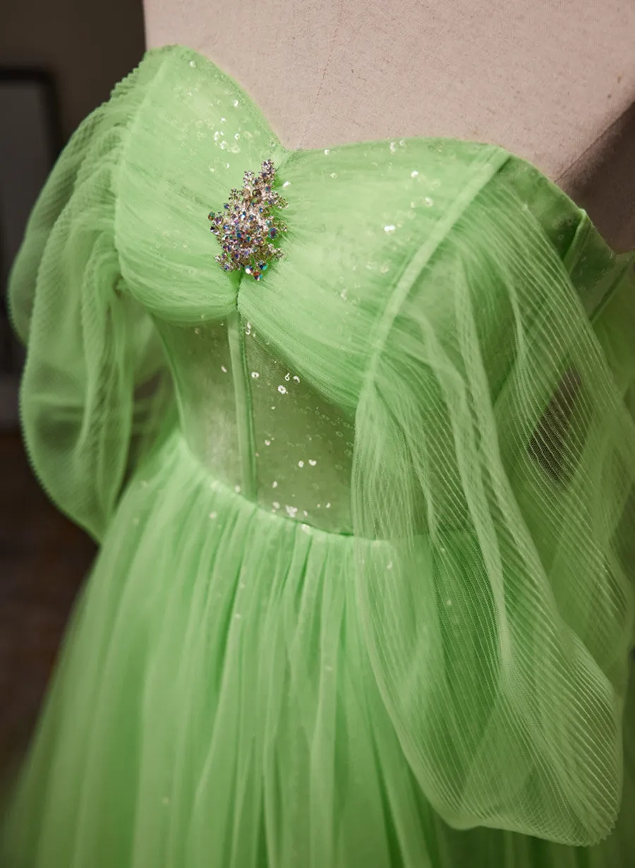 Green Tulle with Beadings Sweetheart Floor Length Party Dress, Green Long Formal Dress