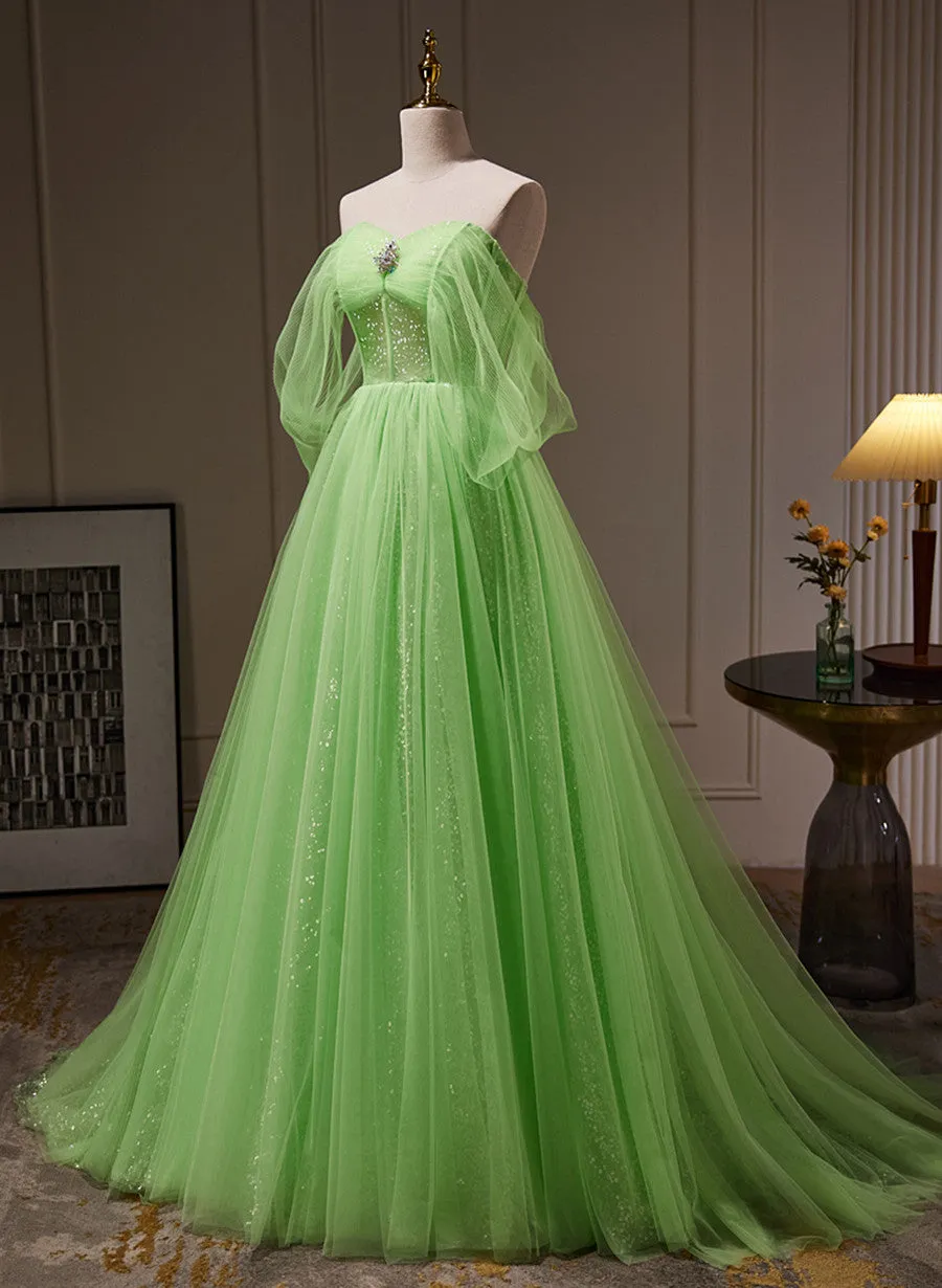 Green Tulle with Beadings Sweetheart Floor Length Party Dress, Green Long Formal Dress