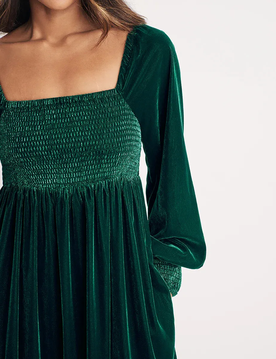 Green Velvet Shirred Kylie Midi Dress