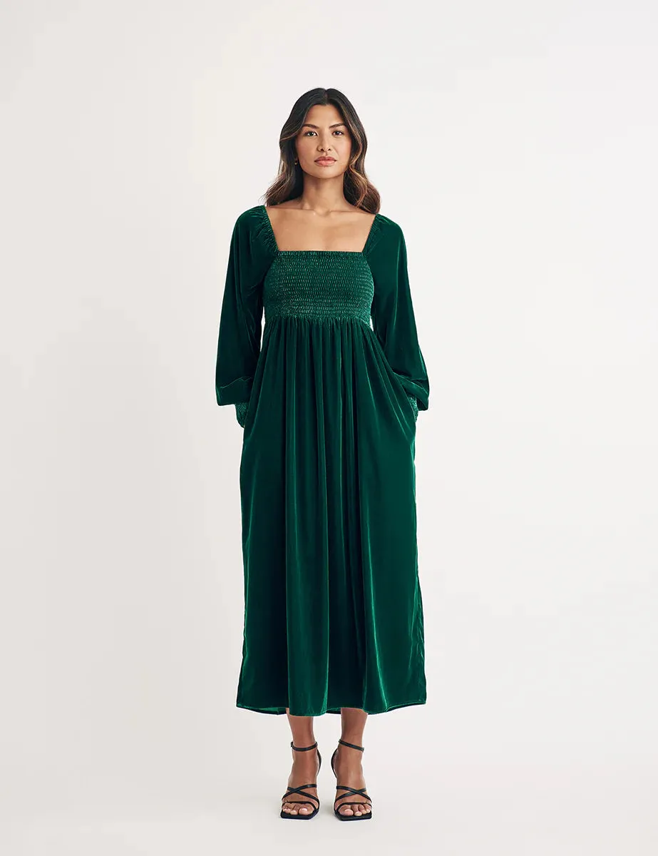 Green Velvet Shirred Kylie Midi Dress