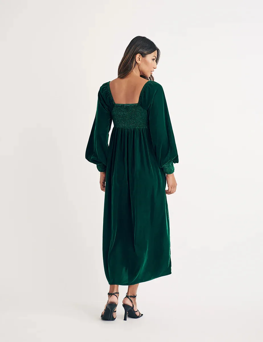 Green Velvet Shirred Kylie Midi Dress