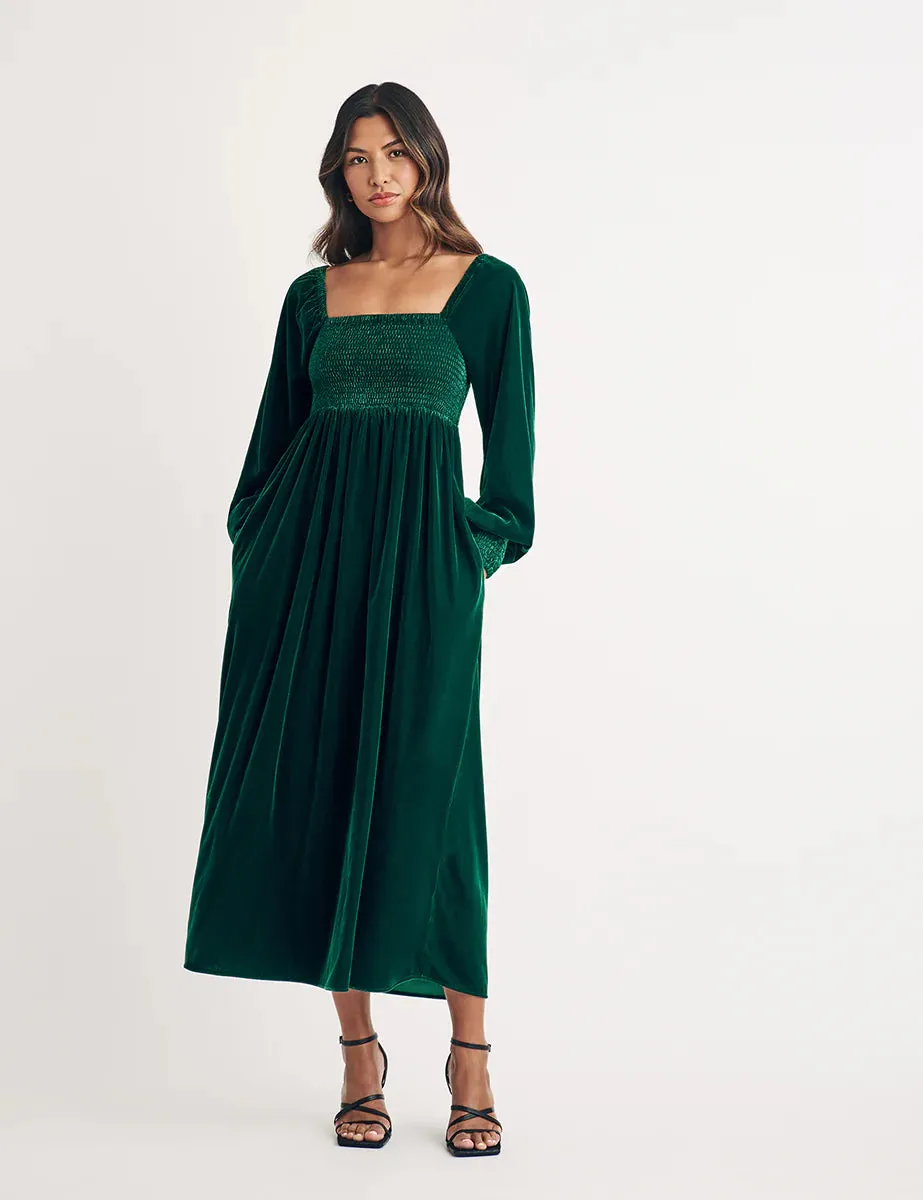 Green Velvet Shirred Kylie Midi Dress