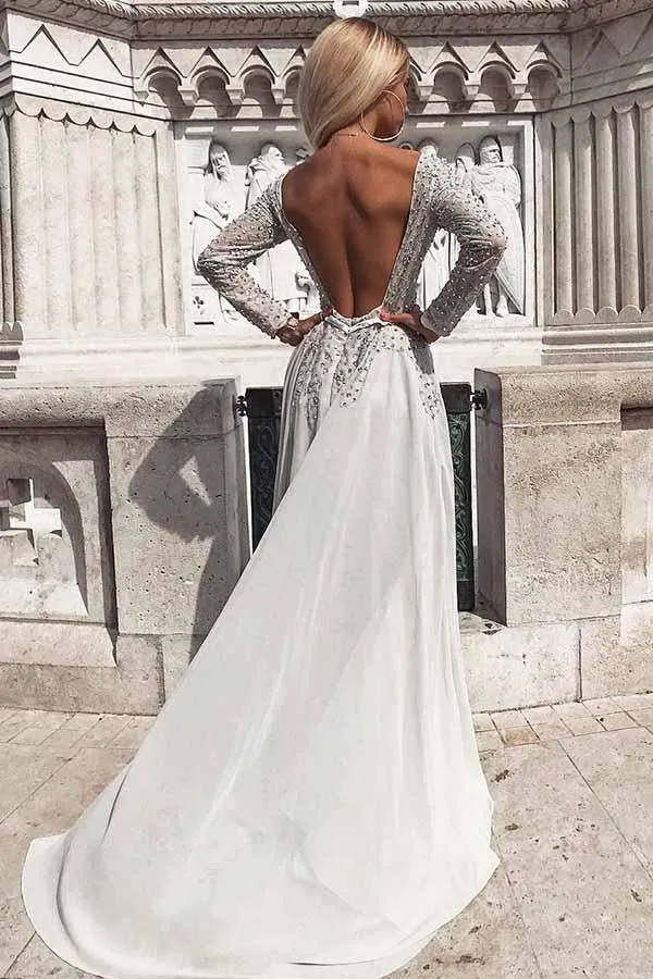 Grey Long Sleeves Backless Chiffon Prom Evening Dress with Beading  PG739