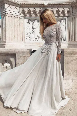 Grey Long Sleeves Backless Chiffon Prom Evening Dress with Beading  PG739