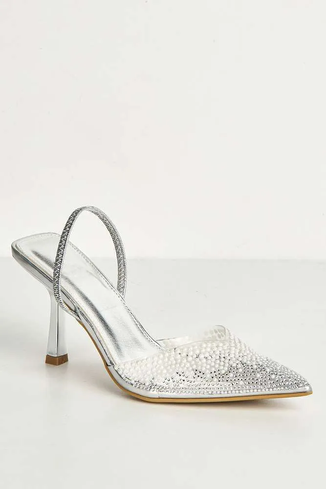 Hali Diamante & Pearl Embellished Perspex Pointy Shoes in Silver