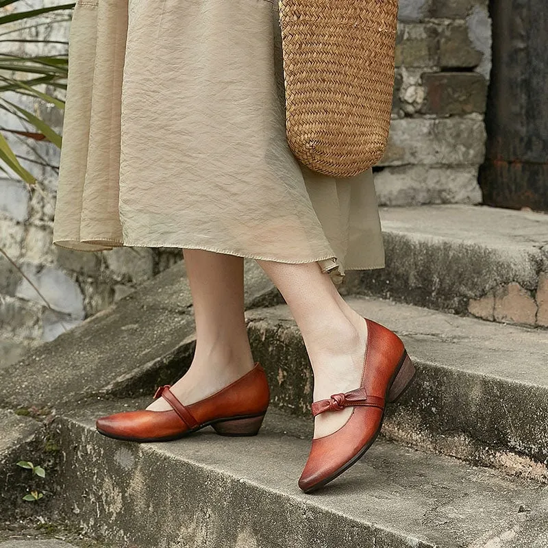 Handmade Leather Mary Jane Flat Shoes with Bow in Brown