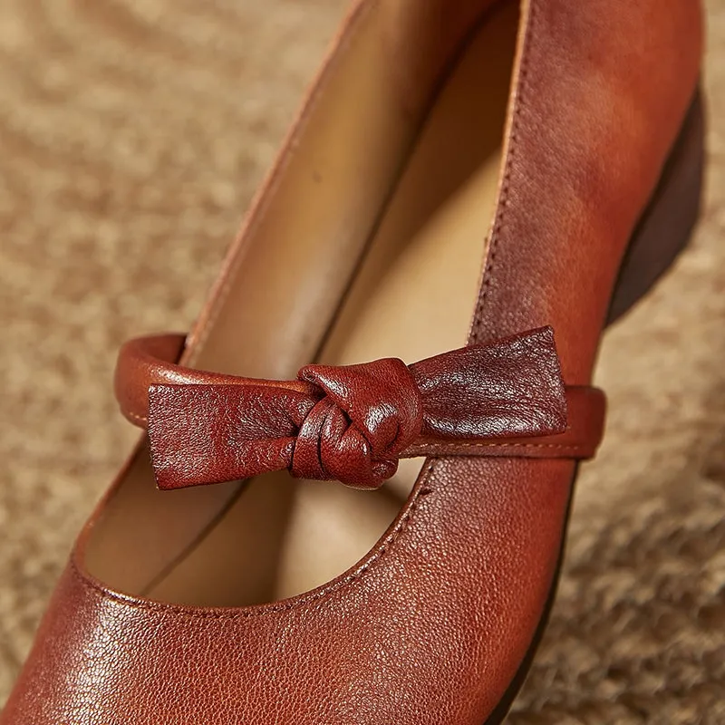 Handmade Leather Mary Jane Flat Shoes with Bow in Brown