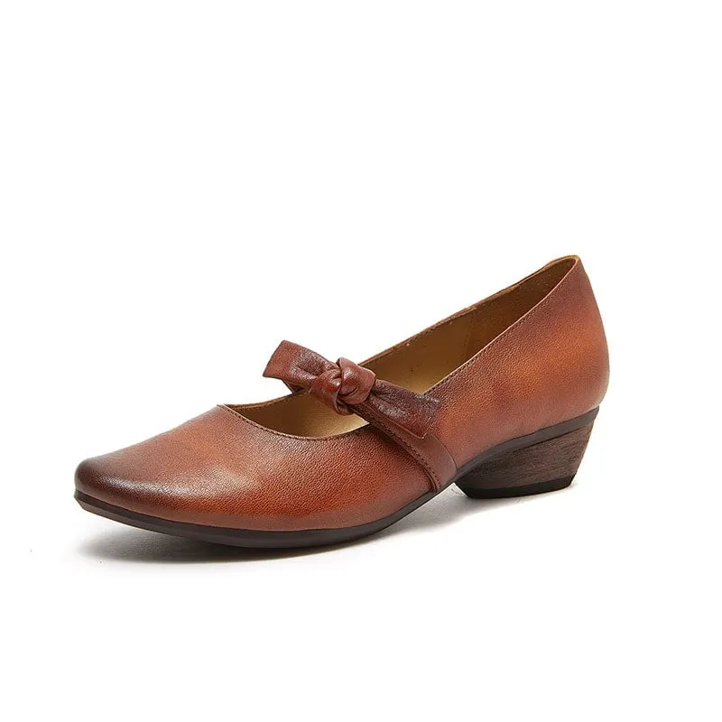 Handmade Leather Mary Jane Flat Shoes with Bow in Brown