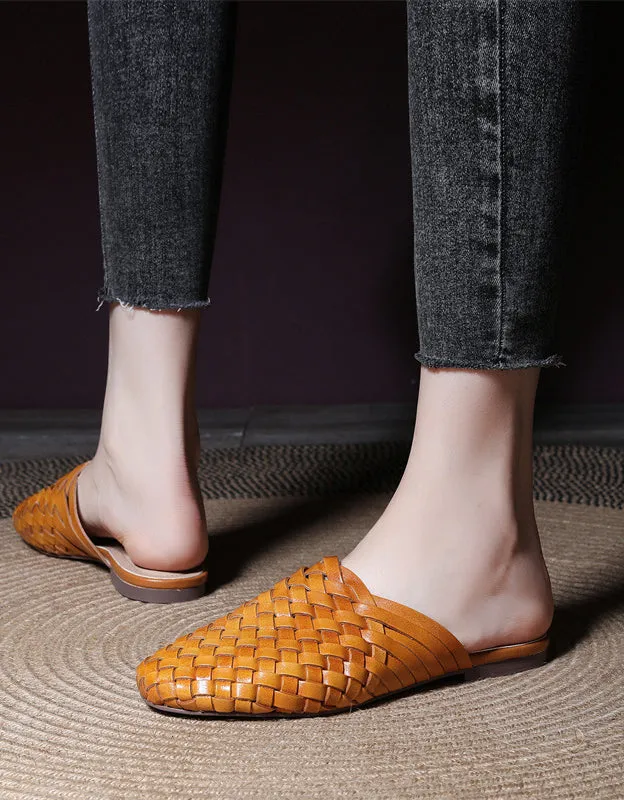 Handmade Woven Leather Round Head Slippers