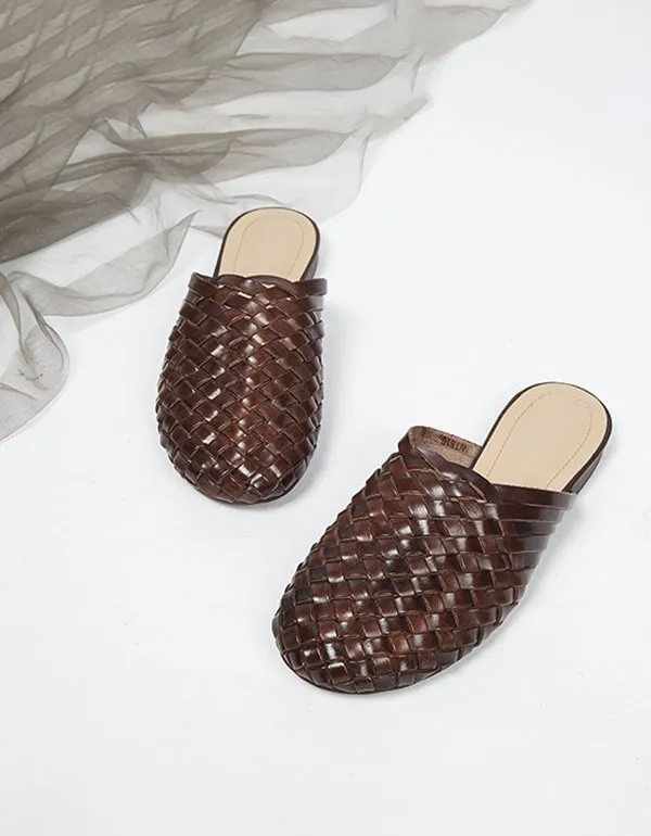 Handmade Woven Leather Round Head Slippers