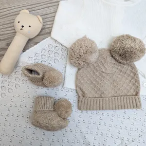 Hat and Bootie Knitted Set in Biscuit