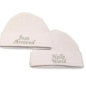 Hello World, Just Arrived White Baby Hat 2 Pack