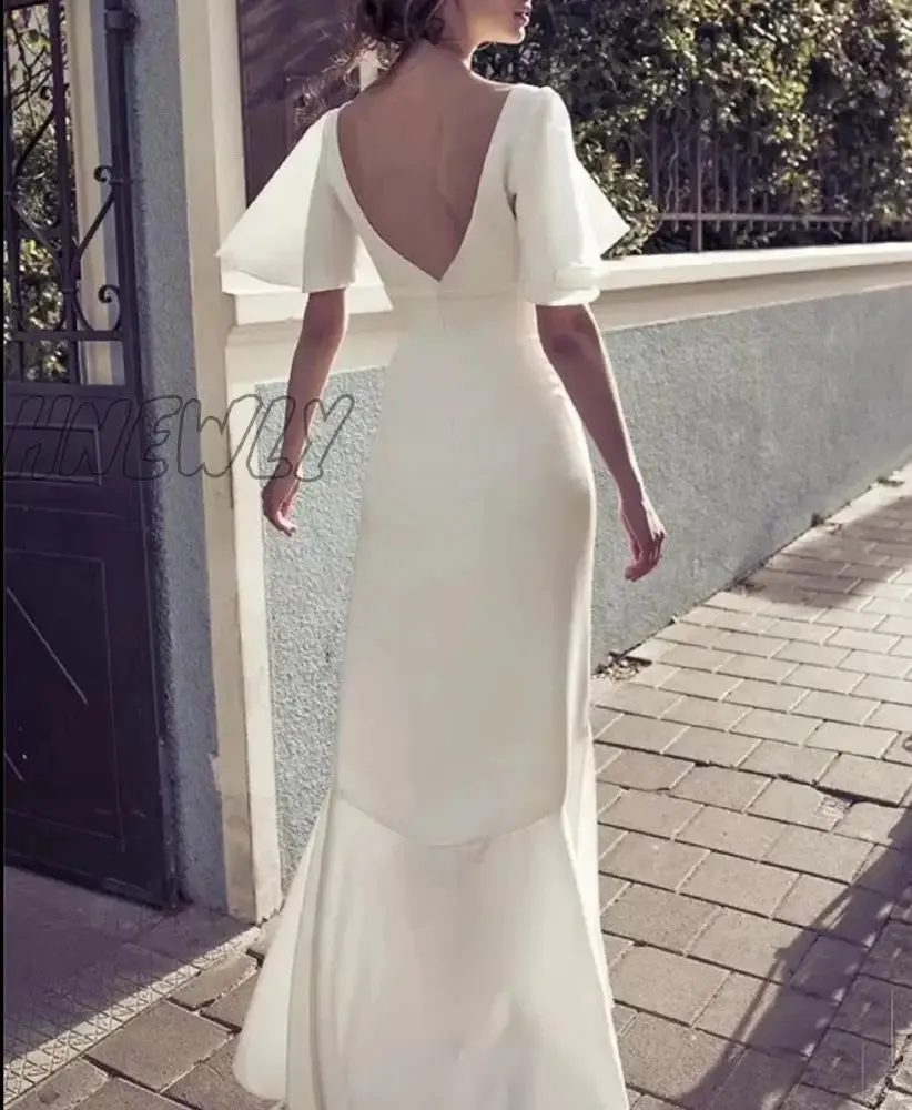 Hnewly Boho Wedding Prom Evening Dress Short Sleeves Soft Satin Mermaid Bridal Gowns Floor Length Sexy Open Back Second Reception Garde