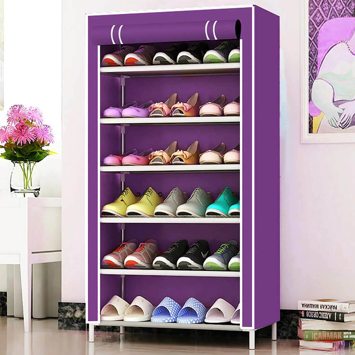 Homestic Shoe Rack|Non-Woven 6 Shelves Shelf|Foldable Storage Rack Organizer for Shoe, Books (Purple)