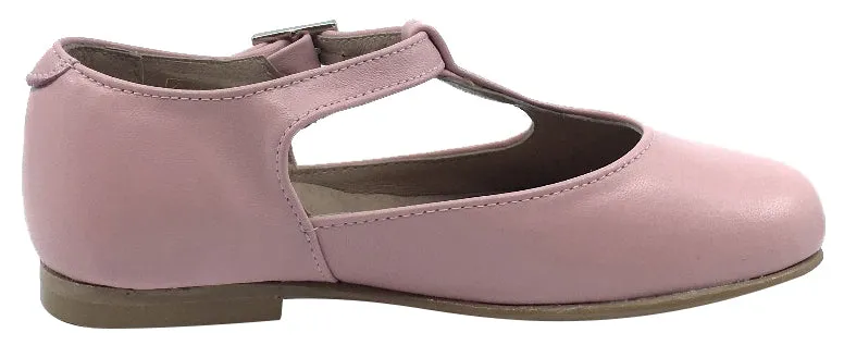 Hoo Shoes Girl's Dee Rose Pink Leather Asymmetrical T-Strap Mary Jane Flat Shoe