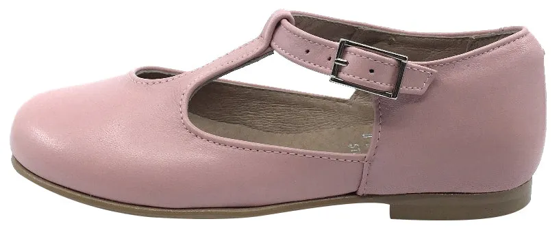 Hoo Shoes Girl's Dee Rose Pink Leather Asymmetrical T-Strap Mary Jane Flat Shoe