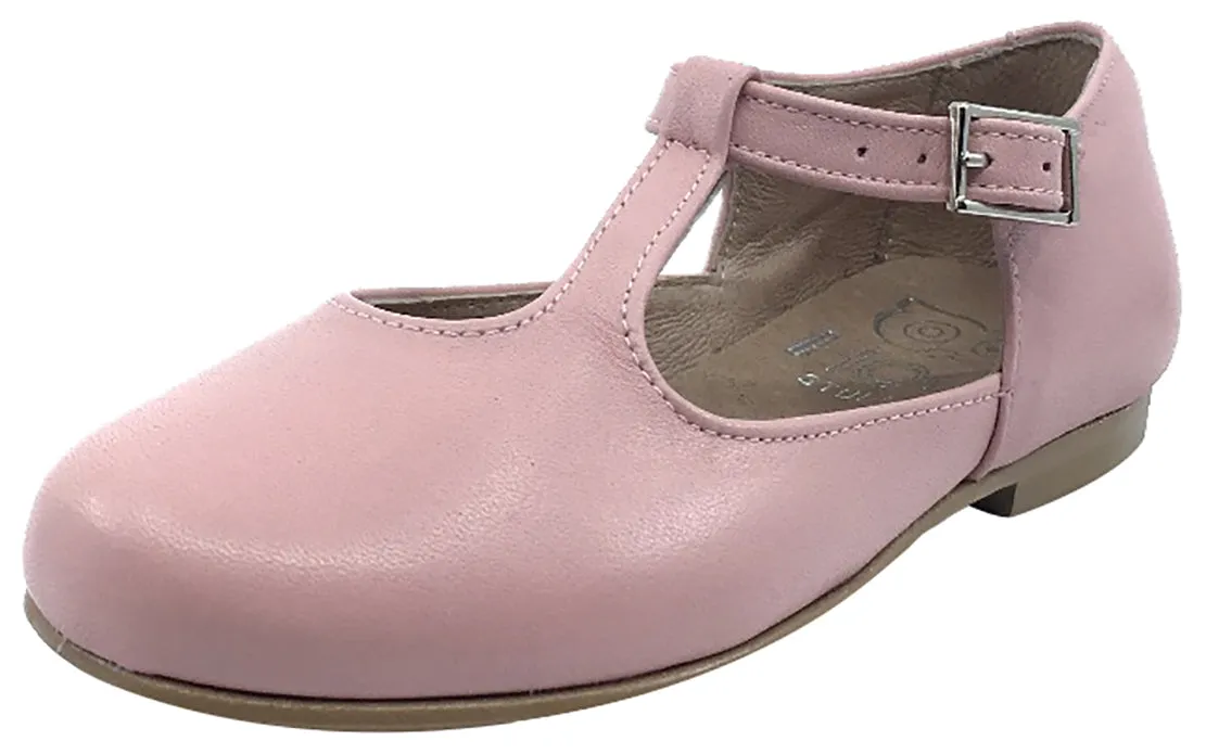 Hoo Shoes Girl's Dee Rose Pink Leather Asymmetrical T-Strap Mary Jane Flat Shoe