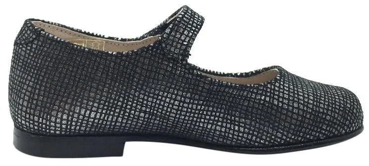 Hoo Shoes Girl's Hoova Black & Silver Checkered Leather Mary Jane Hook and Loop Strap Flats