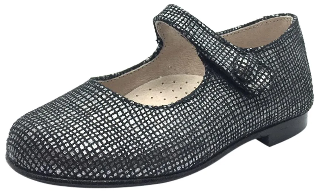 Hoo Shoes Girl's Hoova Black & Silver Checkered Leather Mary Jane Hook and Loop Strap Flats