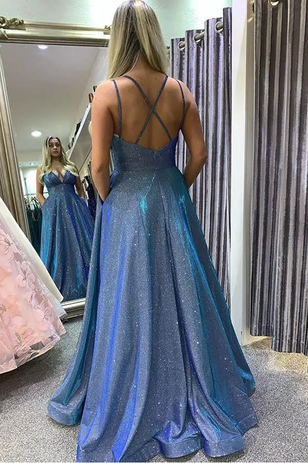 Hot Sexy A Line Spaghetti Straps Blue Long Prom/Evening Dresses PSK187