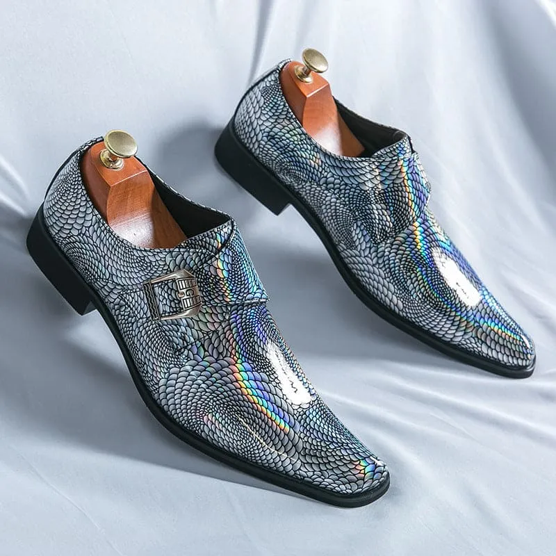 Iridescent Patent Metallic Snake Print Buckle Dress Shoes