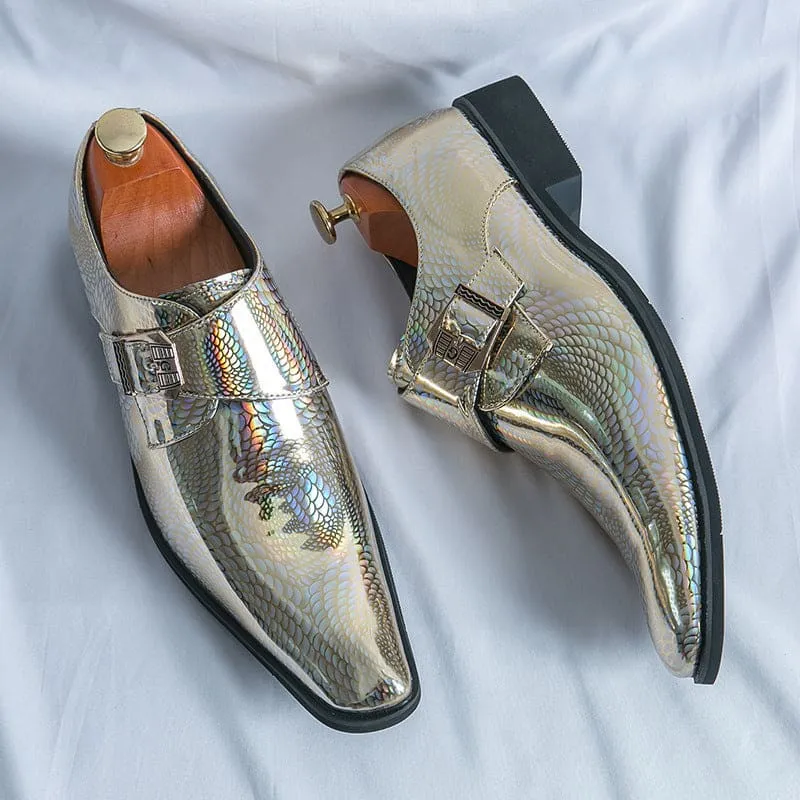 Iridescent Patent Metallic Snake Print Buckle Dress Shoes