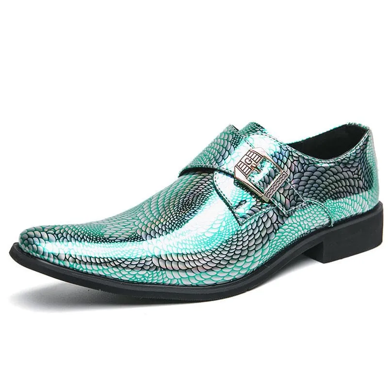 Iridescent Patent Metallic Snake Print Buckle Dress Shoes