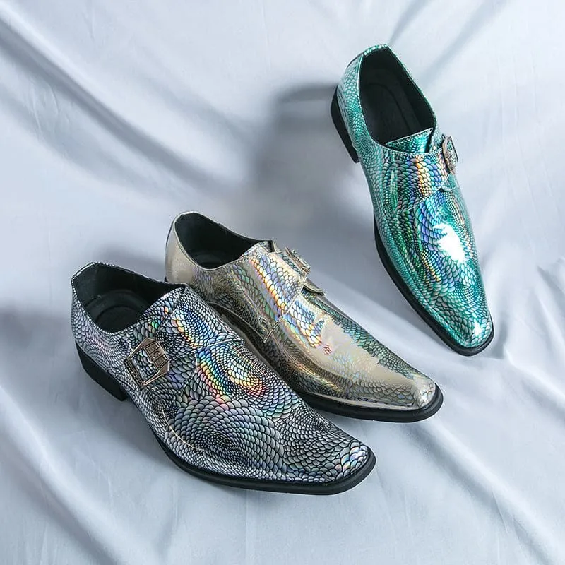 Iridescent Patent Metallic Snake Print Buckle Dress Shoes