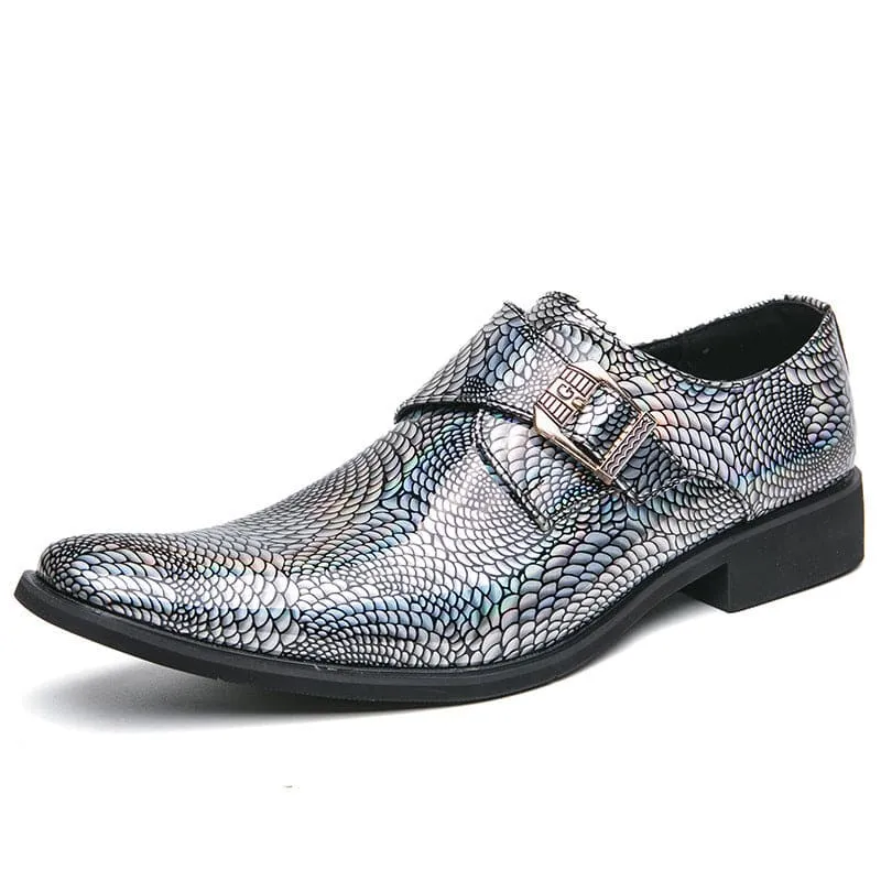 Iridescent Patent Metallic Snake Print Buckle Dress Shoes