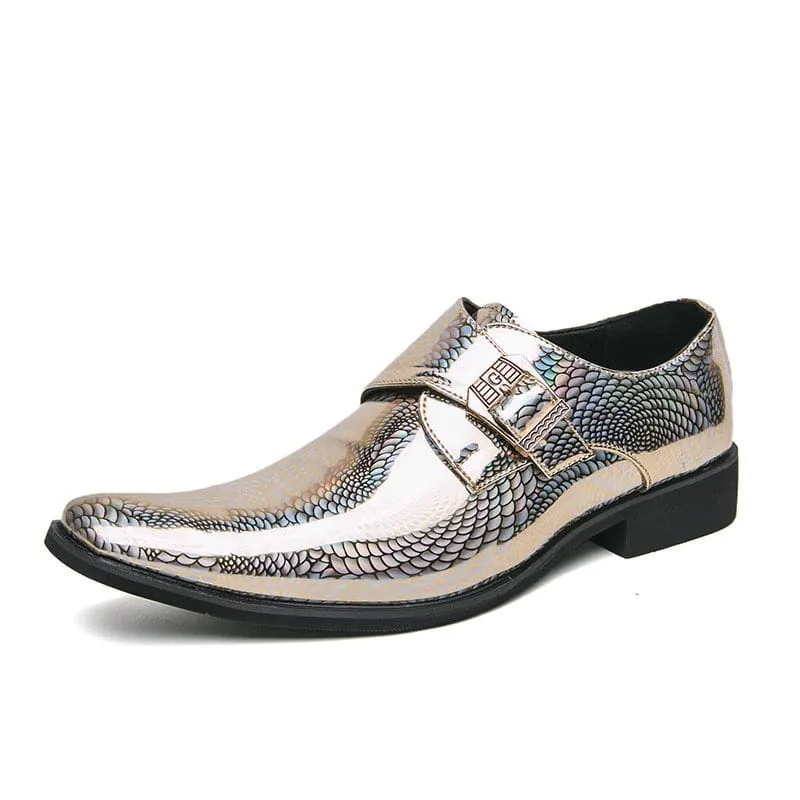 Iridescent Patent Metallic Snake Print Buckle Dress Shoes