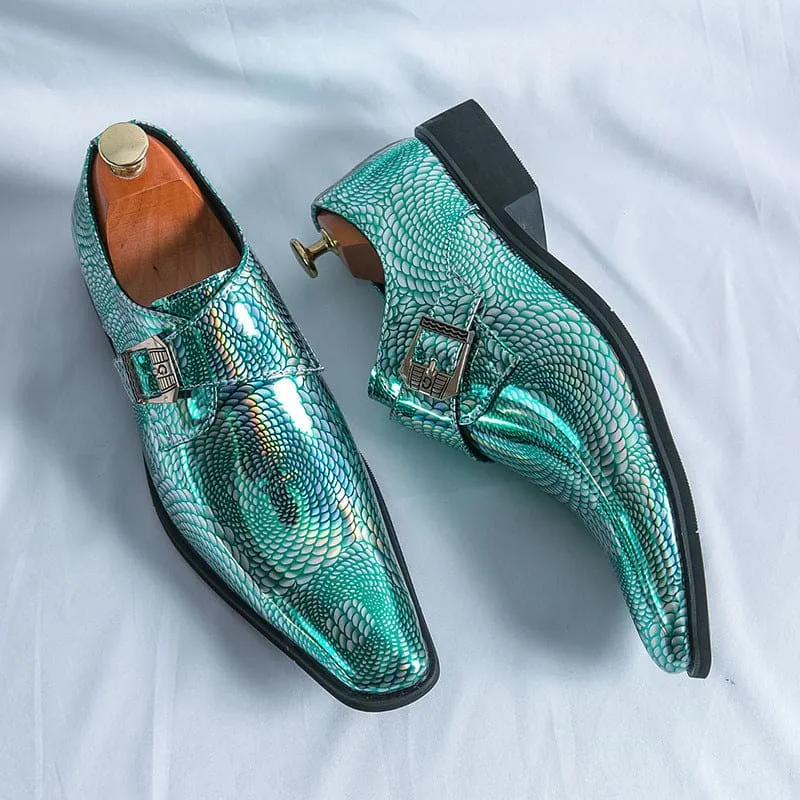 Iridescent Patent Metallic Snake Print Buckle Dress Shoes