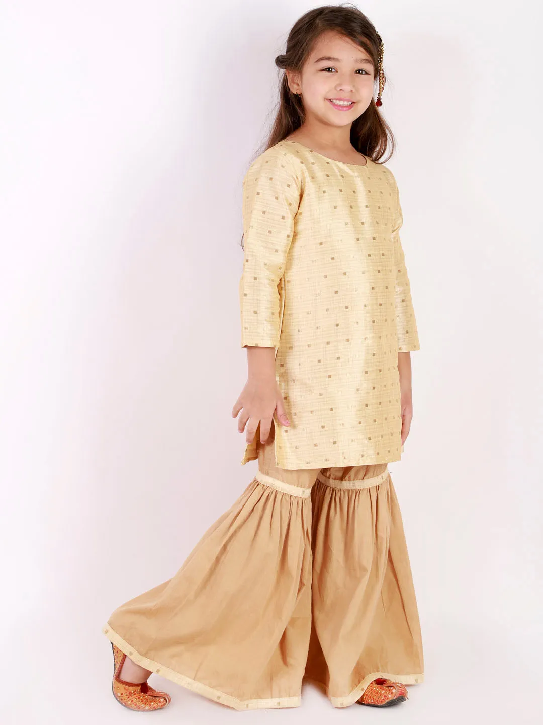 Jashvi Girls' Gold Zari Kurta And Rose Gold Sharara Set