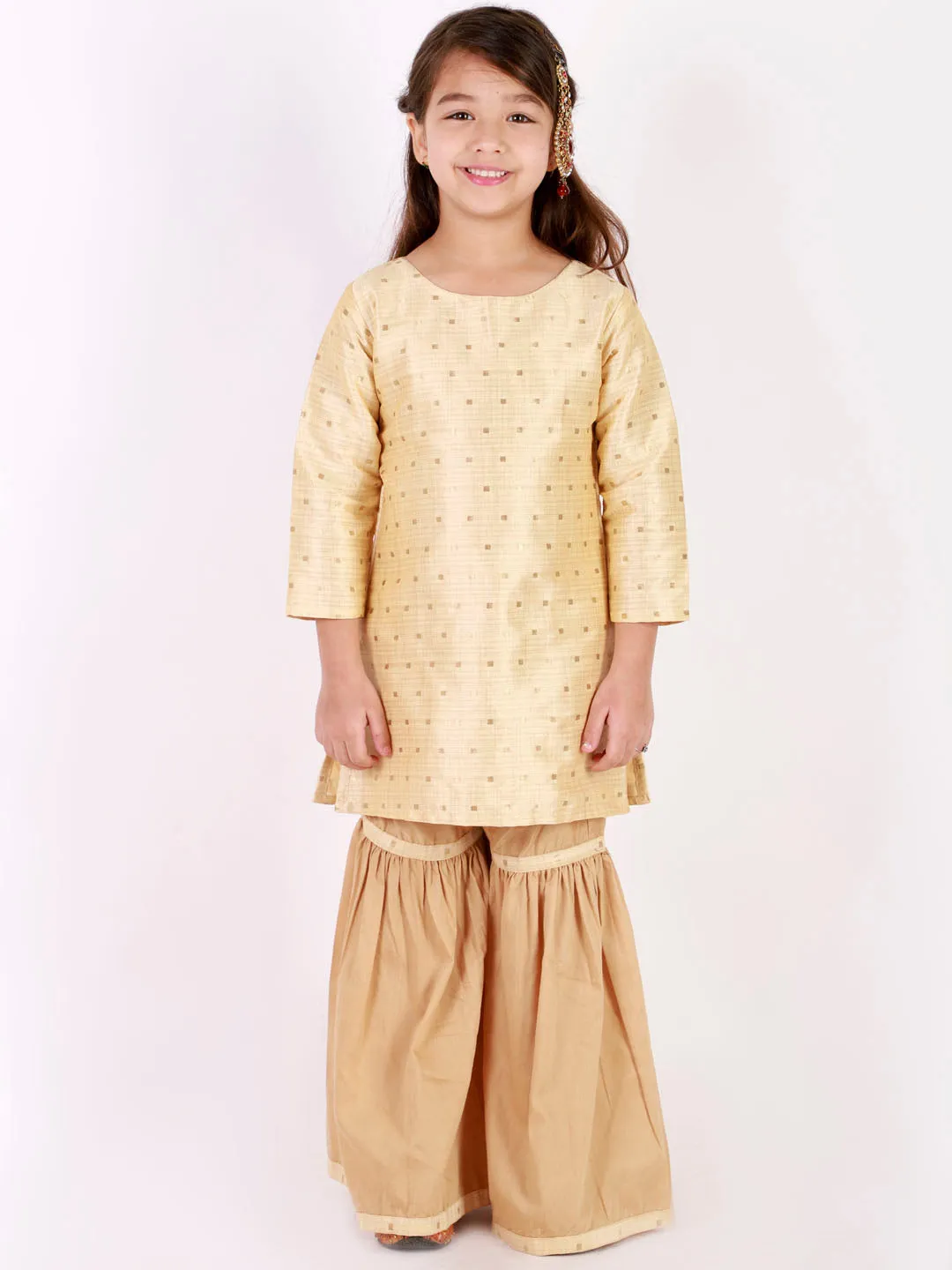 Jashvi Girls' Gold Zari Kurta And Rose Gold Sharara Set