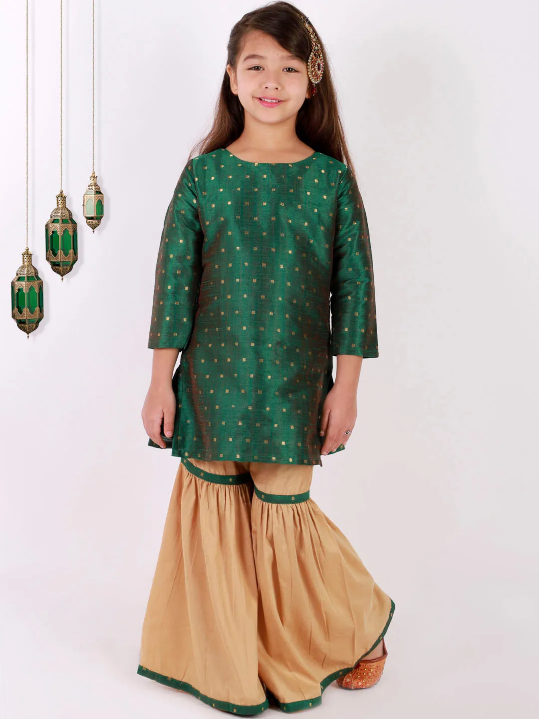 Jashvi Girls' Green Zari Kurta And Rose Gold Sharara Set