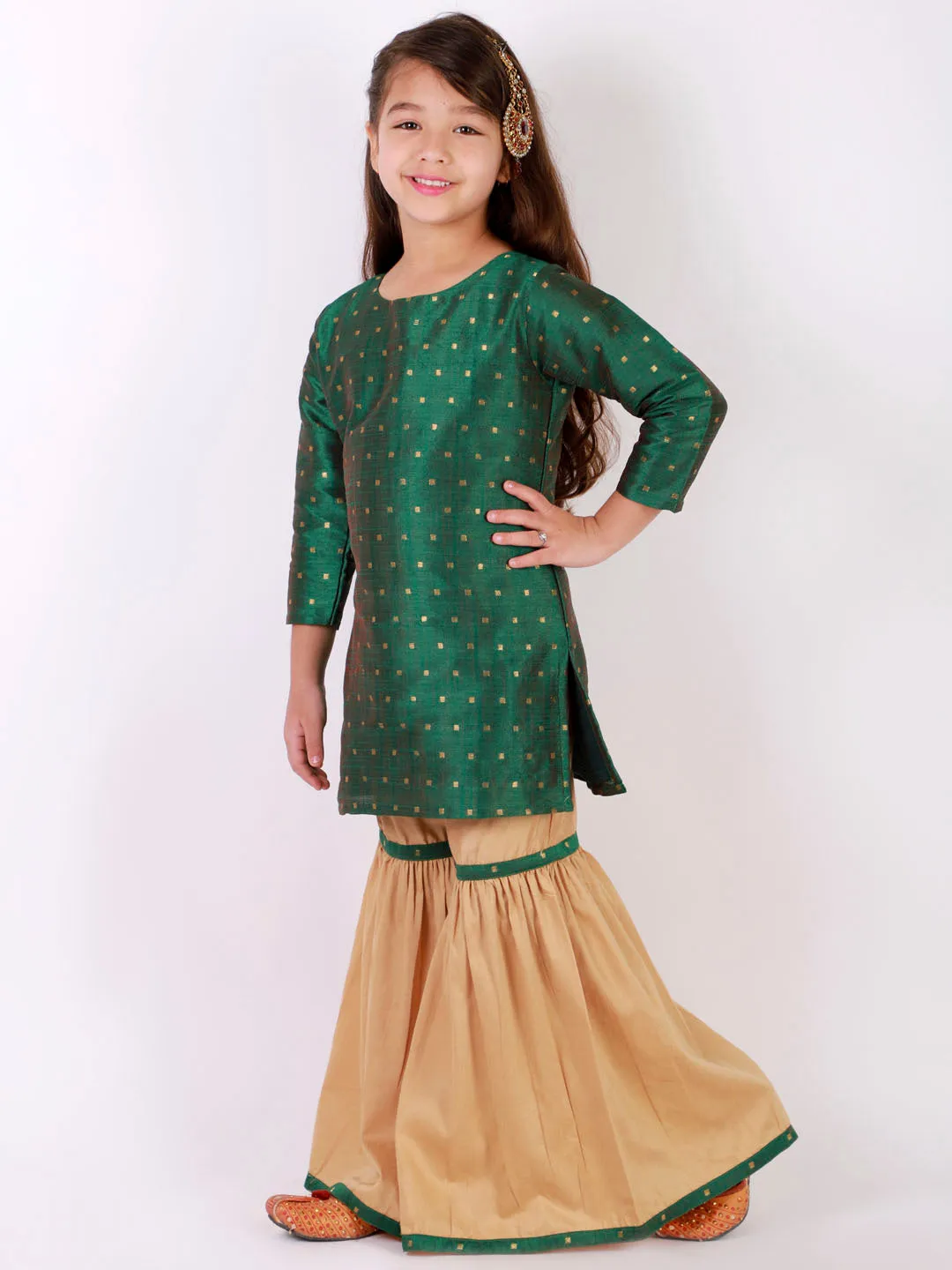 Jashvi Girls' Green Zari Kurta And Rose Gold Sharara Set