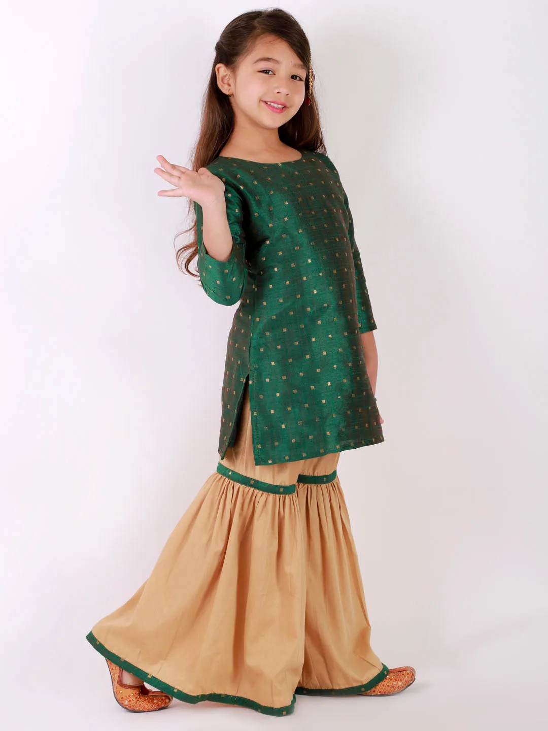 Jashvi Girls' Green Zari Kurta And Rose Gold Sharara Set