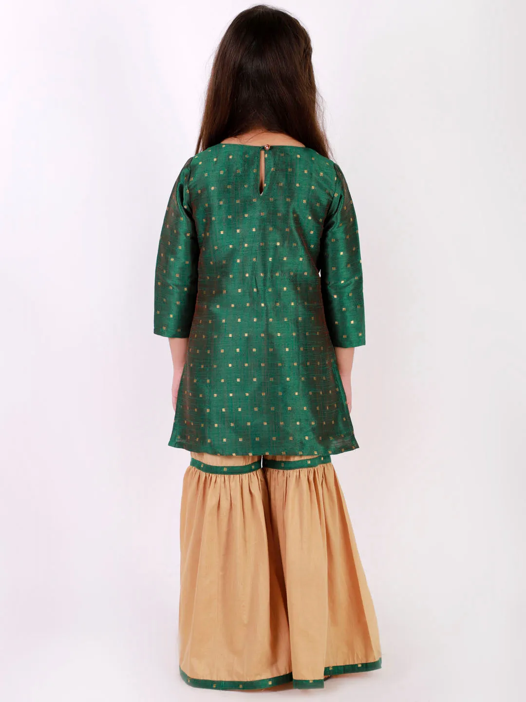 Jashvi Girls' Green Zari Kurta And Rose Gold Sharara Set