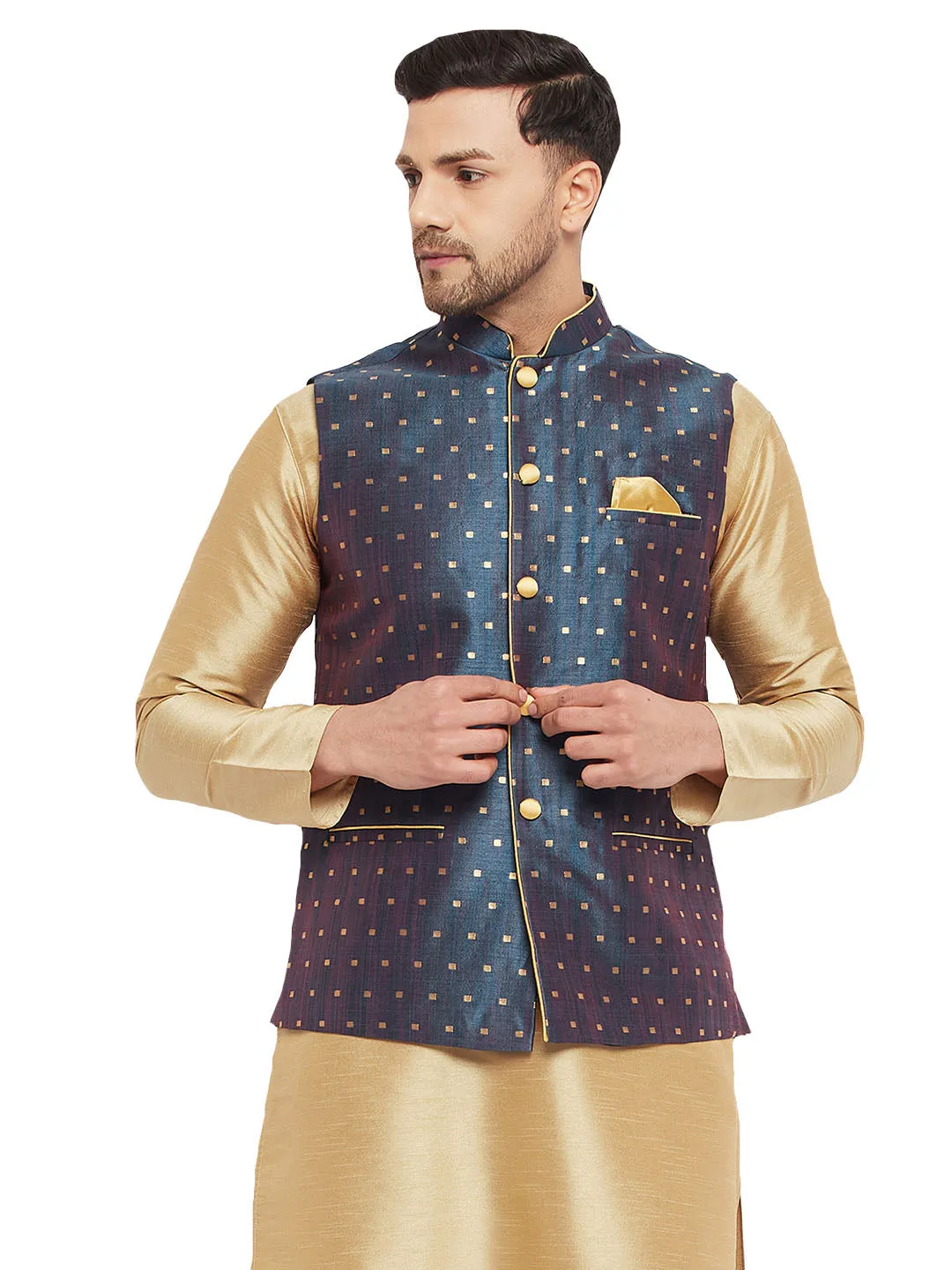 Jashvi Men's Blue Zari Weaved Jacket