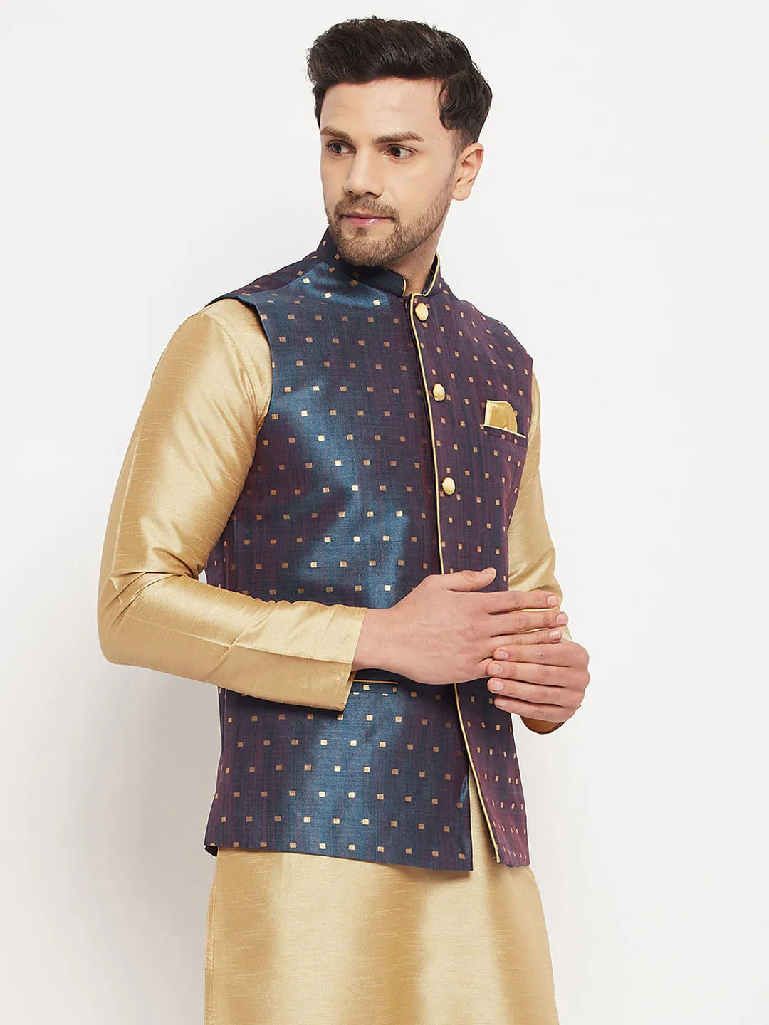 Jashvi Men's Blue Zari Weaved Jacket